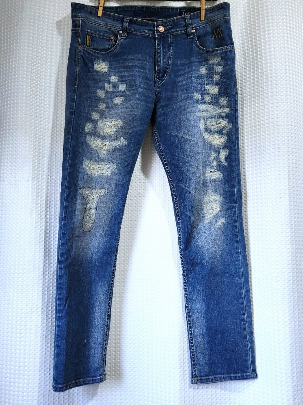 Emporio Armani J06 Slim Fit Jeans Mens 36 Distressed Patchwork Blue Denim Luxury